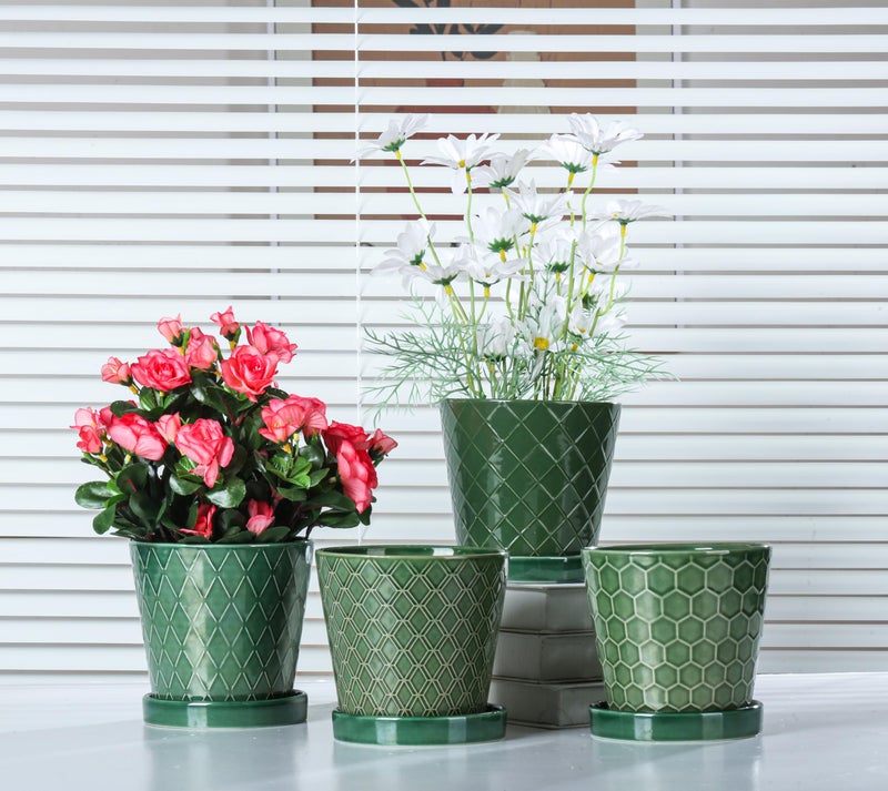 BUYMAX Plant Pots Indoor â€“5 inch Ceramic Flower Pot with Drainage Hole and Ceramic Tray - Gardening Home Desktop Office Windowsill Decoration Gift, Set of 4-Plants NOT Included (Patina) - Image 2